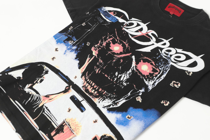Godspeed Retro Drive In Movie Graphic Streetwear Front Convertible Car Couple Popcorn Giant Red Eye Skull Gothic Letter Print T-Shirt 29354633