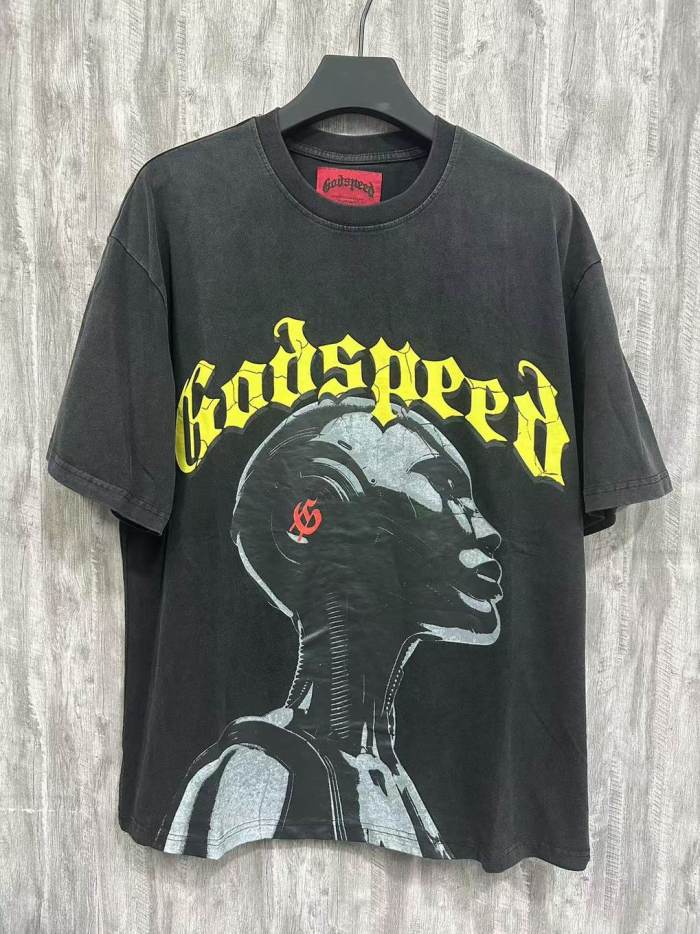 Godspeed Y2K Hip Hop Streetwear Front Yellow 3D Gothic Script Side Profile Mechanical Female Robot Small Red Symbol Print T-Shirt 29354647