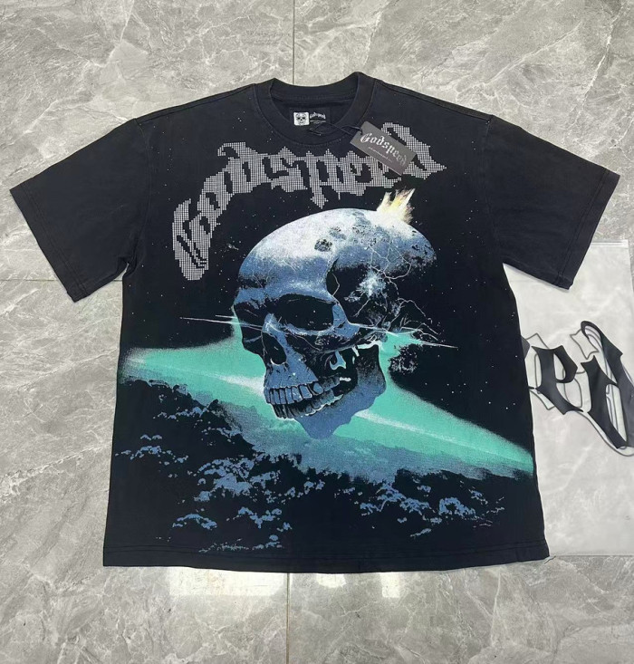 Godspeed Cosmic Dark Hip Hop Streetwear Front White Dot Halftone Gothic Script Crackle Meteor Planet Skull Cyan Nebula Starry Space Graphic T-Shirt 29354632