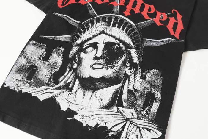 Godspeed Dark Patriotic Graphic Streetwear Front Cracked Mechanical Eye Liberty Statue Ruined Brick Ruins Gothic Letter Print T-Shirt 2 colors 29354790