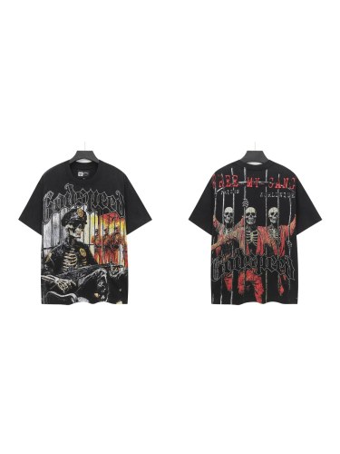 Godspeed Prison Gang Graphic Streetwear Front Armed Police Skeleton Jail Cell Iron Bars Inmate Silhouette White Gothic Letter Print T-Shirt 29354871