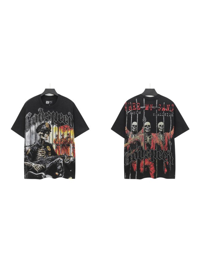 Godspeed Prison Gang Graphic Streetwear Front Armed Police Skeleton Jail Cell Iron Bars Inmate Silhouette White Gothic Letter Print T-Shirt 29354871