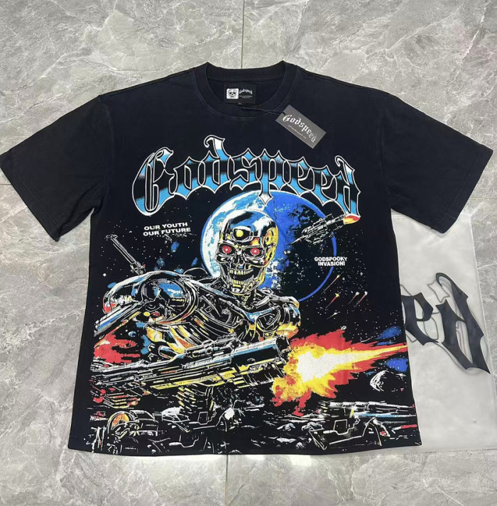 Godspeed Retro Interstellar Sci Fi Graphic Streetwear Front Gun Shooting Mechanical Red Eye Skeleton Planet Star Meteor Gothic Letter Print T-Shirt 29354637