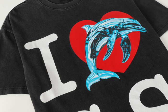 Godspeed Y2K Ocean Hip Hop Streetwear Front Bold Block Letter I Red Heart Mechanical Cyan Dolphin Graphic T-Shirt 29354630
