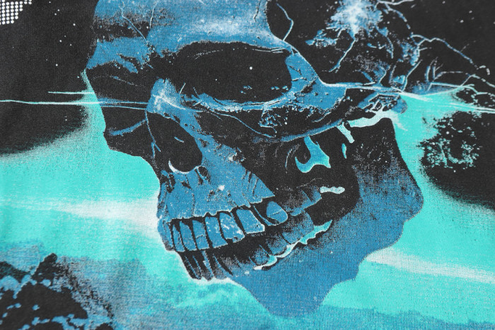 Godspeed Cosmic Dark Hip Hop Streetwear Front White Dot Halftone Gothic Script Crackle Meteor Planet Skull Cyan Nebula Starry Space Graphic T-Shirt 29354632