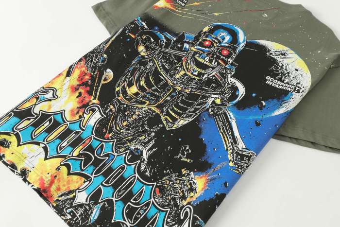 Godspeed Interstellar Sci Fi Graphic Streetwear Front Gun Shooting Mechanical Red Eye Skeleton Planet Star Meteor Gothic Letter Print T-Shirt 29354872