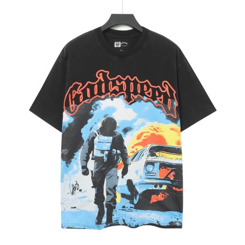 Godspeed Retro Explosion Street Graphic Streetwear Front Tactical Gear Man Burned Sedan Fire Smoke Orange Outline Gothic Letter Print T-Shirt 2 colors 29354646
