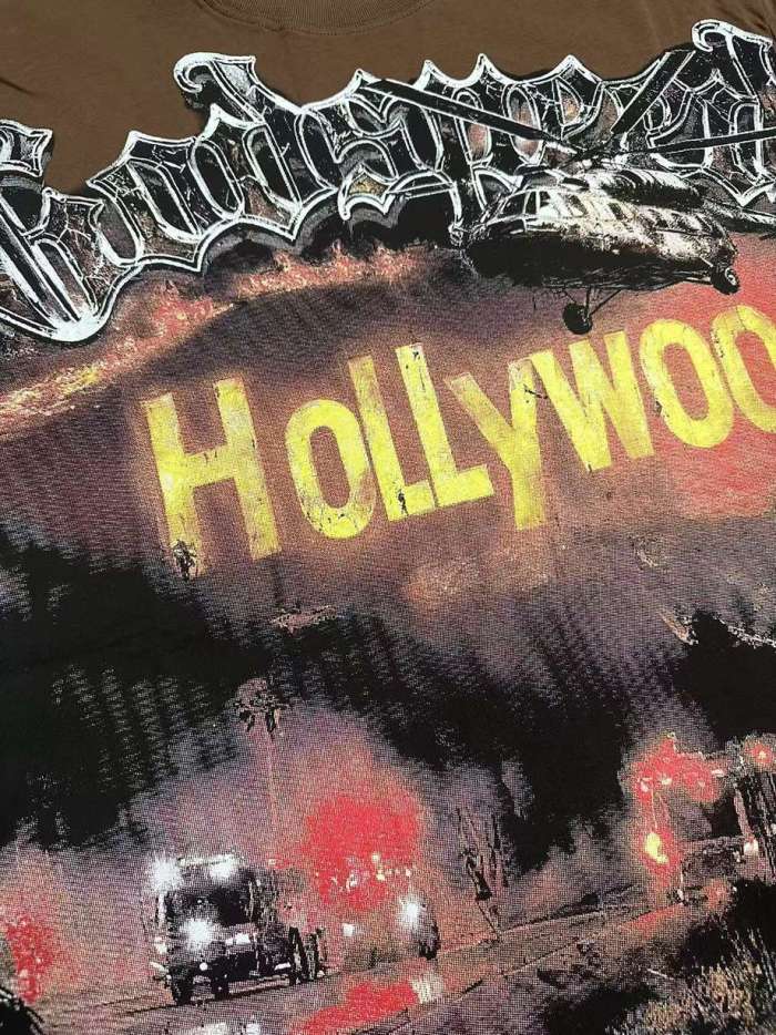 Godspeed La Disaster Graphic Streetwear Front Helicopter Burning Hollywood Landmark Fire Smoke Police Car Silver Gothic Letter Print T-Shirt 2 colors 29354882