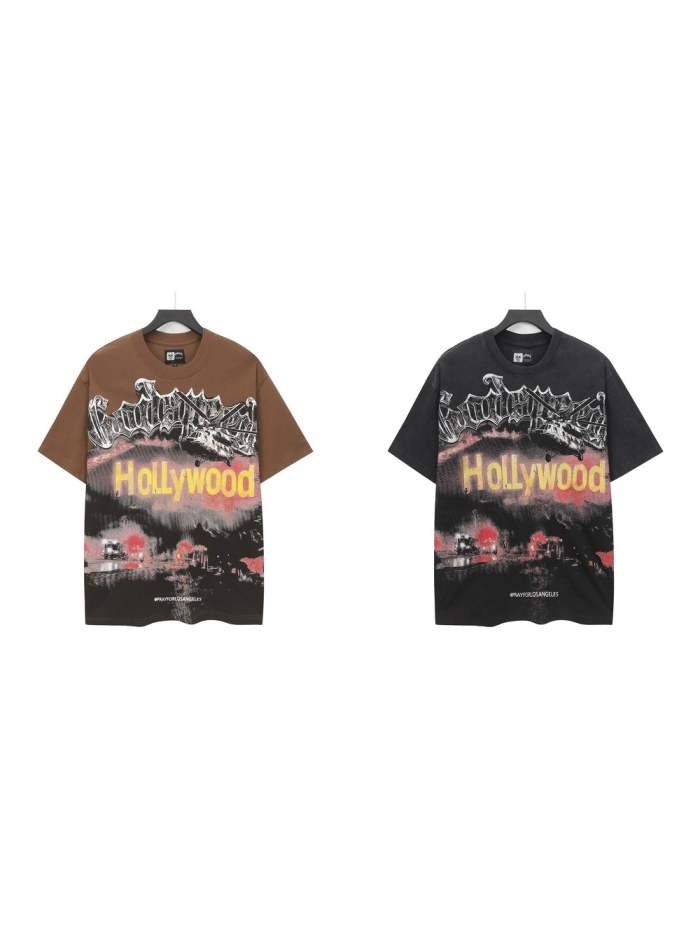 Godspeed La Disaster Graphic Streetwear Front Helicopter Burning Hollywood Landmark Fire Smoke Police Car Silver Gothic Letter Print T-Shirt 2 colors 29354882