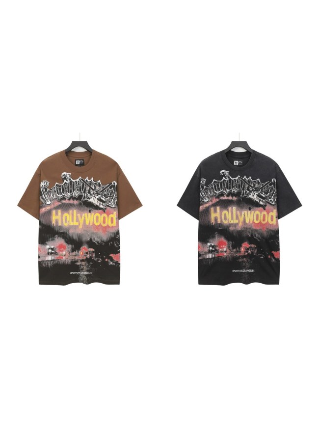 Godspeed La Disaster Graphic Streetwear Front Helicopter Burning Hollywood Landmark Fire Smoke Police Car Silver Gothic Letter Print T-Shirt 2 colors 29354882