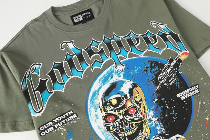 Godspeed Interstellar Sci Fi Graphic Streetwear Front Gun Shooting Mechanical Red Eye Skeleton Planet Star Meteor Gothic Letter Print T-Shirt 29354872