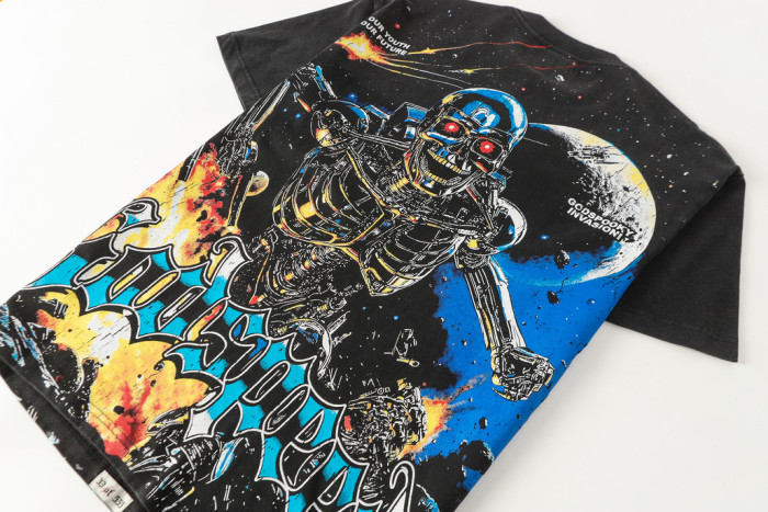 Godspeed Retro Interstellar Sci Fi Graphic Streetwear Front Gun Shooting Mechanical Red Eye Skeleton Planet Star Meteor Gothic Letter Print T-Shirt 29354637