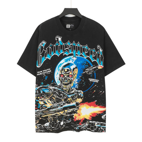 Godspeed Retro Interstellar Sci Fi Graphic Streetwear Front Gun Shooting Mechanical Red Eye Skeleton Planet Star Meteor Gothic Letter Print T-Shirt 29354637