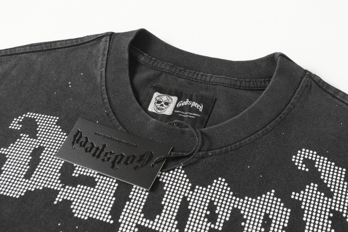 Godspeed Cosmic Dark Hip Hop Streetwear Front White Dot Halftone Gothic Script Crackle Meteor Planet Skull Cyan Nebula Starry Space Graphic T-Shirt 29354632