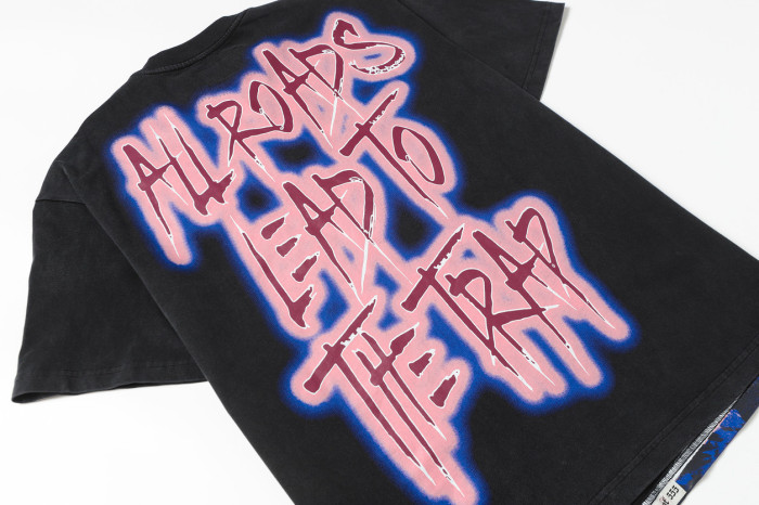Godspeed Trap Hip Hop Streetwear Front Pink Outline Gothic Script Hooded Skeleton Man Purple Grain Background Booby Trap Text Graphic T-Shirt 29354631