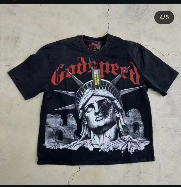 Godspeed Dark Patriotic Graphic Streetwear Front Cracked Mechanical Eye Liberty Statue Ruined Brick Ruins Gothic Letter Print T-Shirt 2 colors 29354790