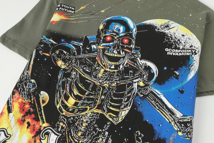 Godspeed Interstellar Sci Fi Graphic Streetwear Front Gun Shooting Mechanical Red Eye Skeleton Planet Star Meteor Gothic Letter Print T-Shirt 29354872