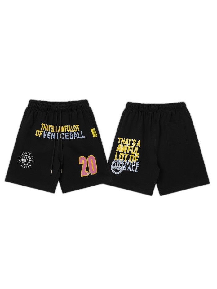Cough Syrup Two-Tone Yellow Pink Letter Number Print Elastic Drawstring Loose Cotton Sweat Shorts 29356460