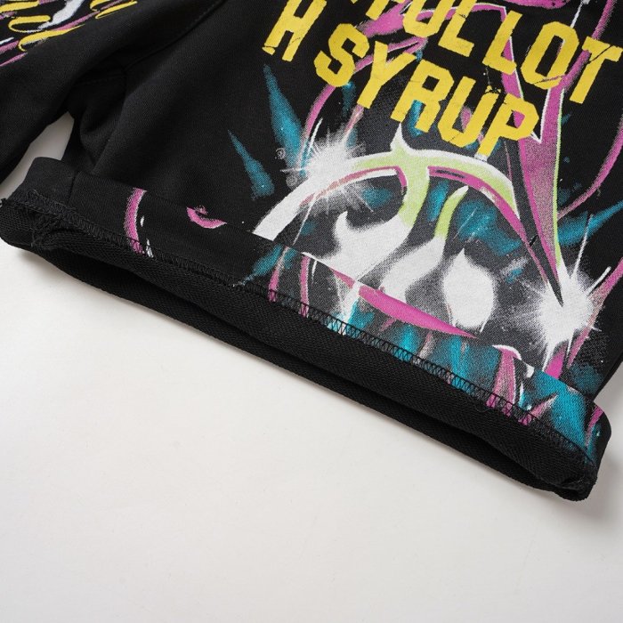 Cough Syrup Vintage Washed Black Front Colorful Graffiti Flame Print Elastic Drawstring Loose Sweat Shorts 29356454