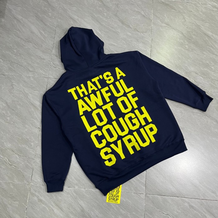Cough Syrup Bright Yellow Bold Block Letter Slogan Back Vertical Stacked Oversized Yellow Text Print Fleece Hoodie 29355901