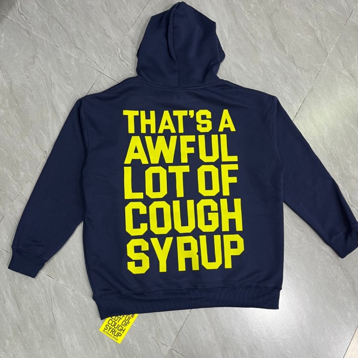 Cough Syrup Bright Yellow Bold Block Letter Slogan Back Vertical Stacked Oversized Yellow Text Print Fleece Hoodie 29355901