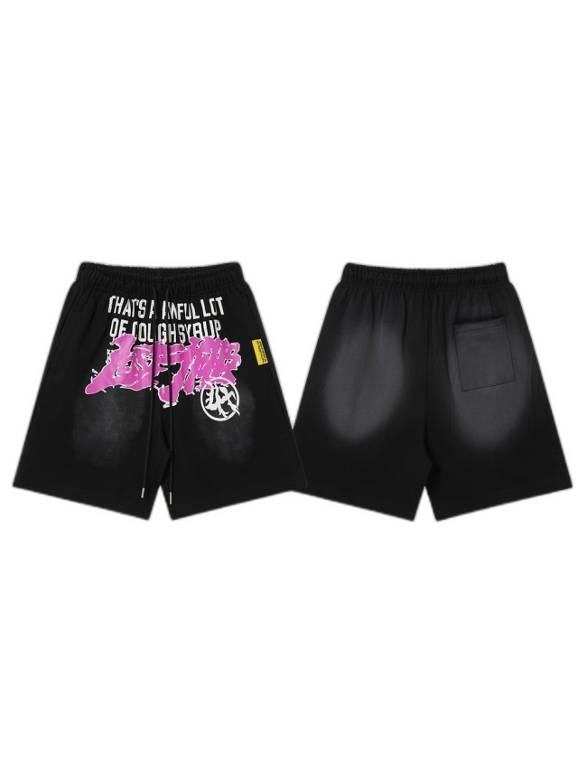Cough Syrup Front Pink Graffiti Letter Print Elastic Drawstring Loose Cotton Sweat Shorts 29356458