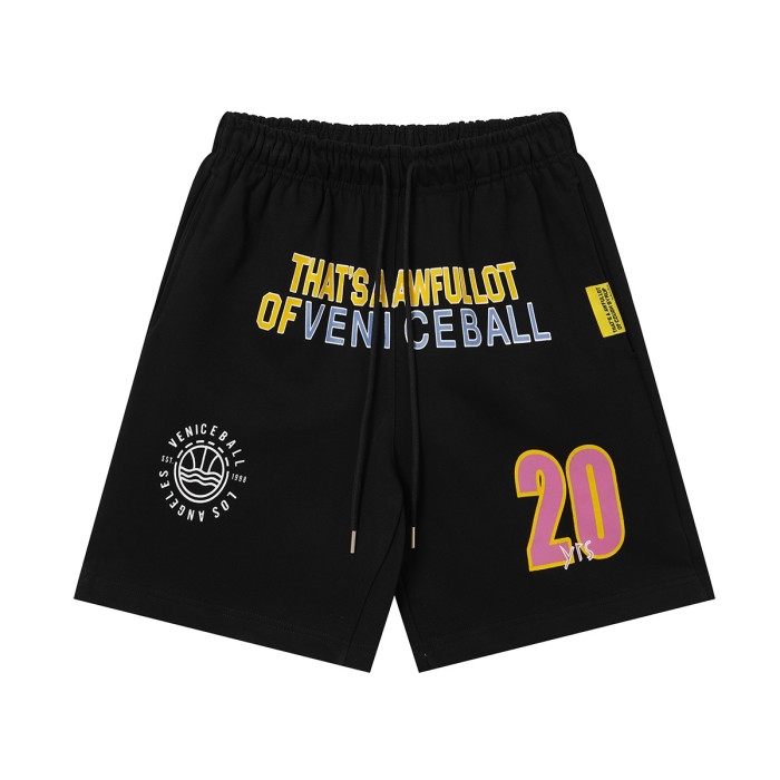 Cough Syrup Two-Tone Yellow Pink Letter Number Print Elastic Drawstring Loose Cotton Sweat Shorts 29356460