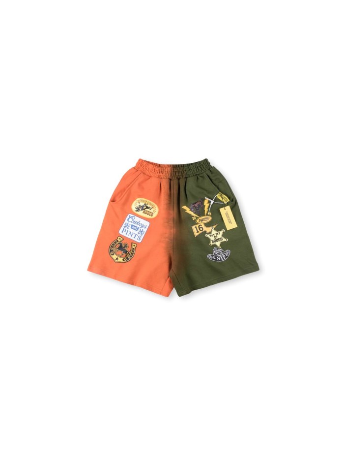 Cough Syrup 1:1 quality version Split Orange Green Gradient Western Cowboy Patch Print Elastic Waist Loose Cotton Sweat Shorts 29356449
