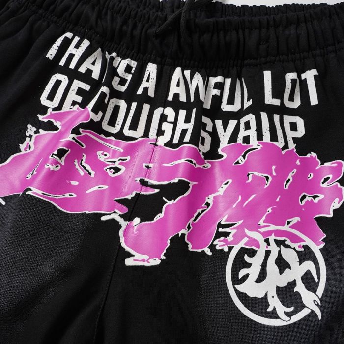 Cough Syrup Front Pink Graffiti Letter Print Elastic Drawstring Loose Cotton Sweat Shorts 29356458