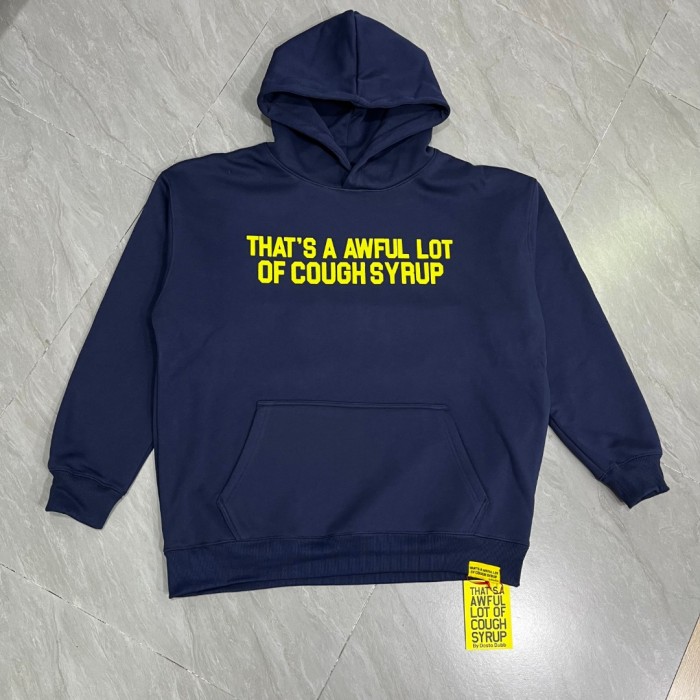 Cough Syrup Bright Yellow Bold Block Letter Slogan Back Vertical Stacked Oversized Yellow Text Print Fleece Hoodie 29355901