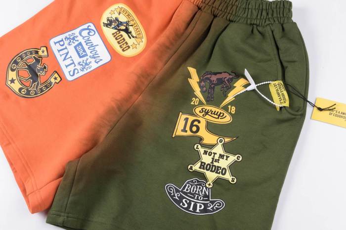 Cough Syrup 1:1 quality version Split Orange Green Gradient Western Cowboy Patch Print Elastic Waist Loose Cotton Sweat Shorts 29356449
