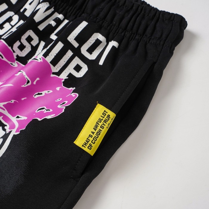 Cough Syrup Front Pink Graffiti Letter Print Elastic Drawstring Loose Cotton Sweat Shorts 29356458