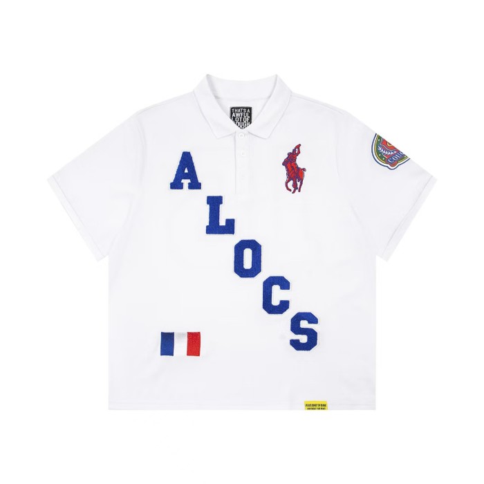 Cough Syrup American Retro Front Diagonal Letter Pony Flag Patch Back Large Hollow Number Oversized Polo Shirt 2 colors 29357796