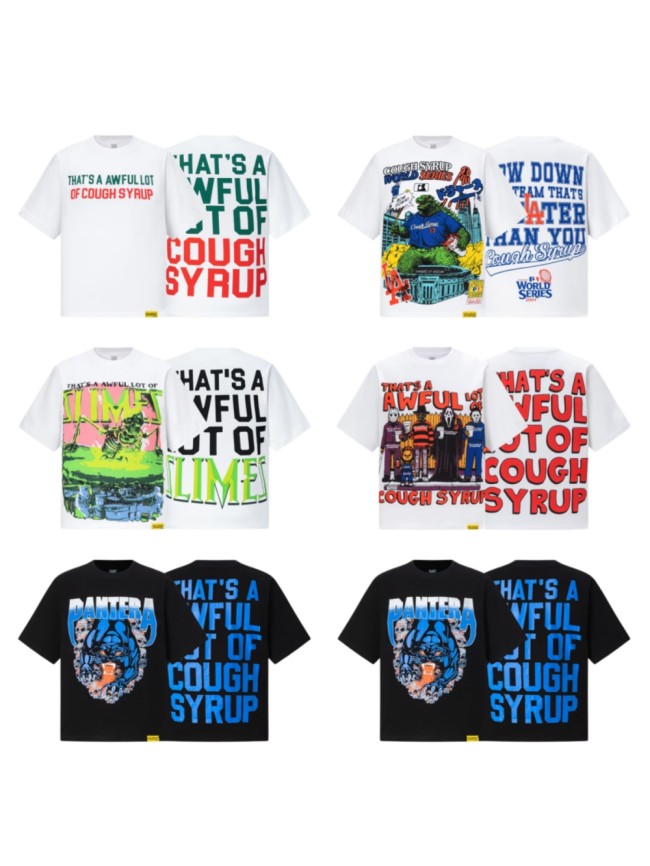 Cough Syrup Vintage Streetwear Front Split Color Text Cartoon Monster Horror Character Graphic Back Large Fragmented Letter Oversized T-Shirt 6 colors 29357805