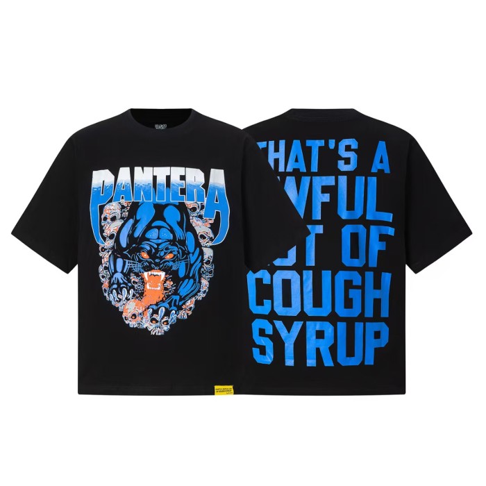 Cough Syrup Vintage Streetwear Front Split Color Text Cartoon Monster Horror Character Graphic Back Large Fragmented Letter Oversized T-Shirt 6 colors 29357805