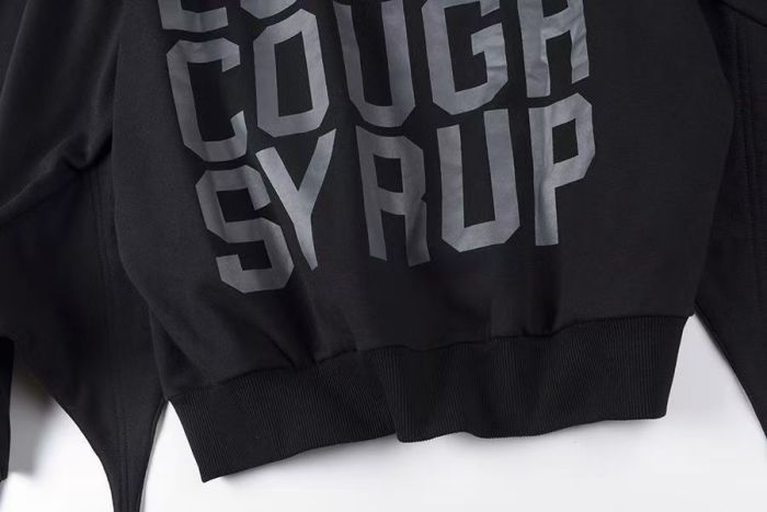 Cough Syrup 1:1 quality version Gothic Y2K Bat Wing Sleeve Oversized Black Double Sided Text Print Cropped Cotton Pullover Hoodie 29358986