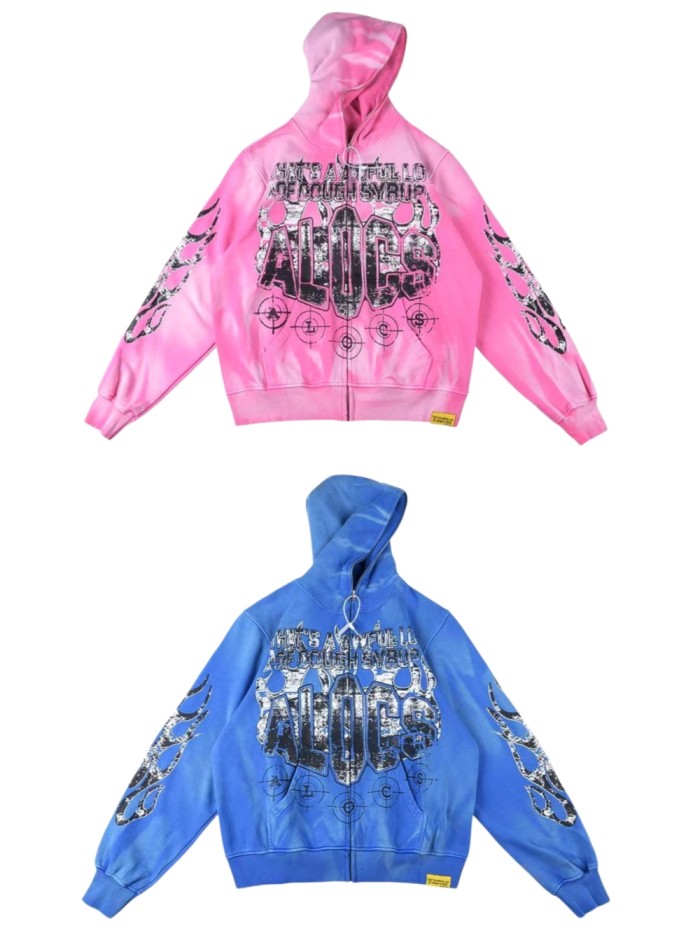 Cough Syrup 1:1 quality version Y2K Grunge Tie Dye Distressed Flame Sleeve AL0CS Letter Number 16 Double Sided Graphic Zip Up Hoodie 2 colors 29358924