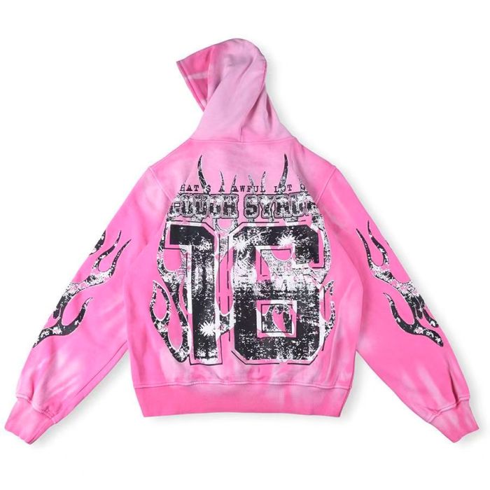 Cough Syrup 1:1 quality version Y2K Grunge Tie Dye Distressed Flame Sleeve AL0CS Letter Number 16 Double Sided Graphic Zip Up Hoodie 2 colors 29358924