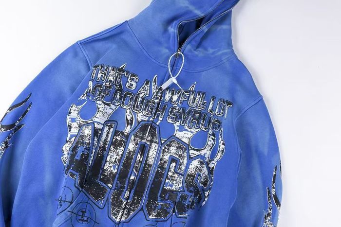 Cough Syrup 1:1 quality version Y2K Grunge Tie Dye Distressed Flame Sleeve AL0CS Letter Number 16 Double Sided Graphic Zip Up Hoodie 2 colors 29358924