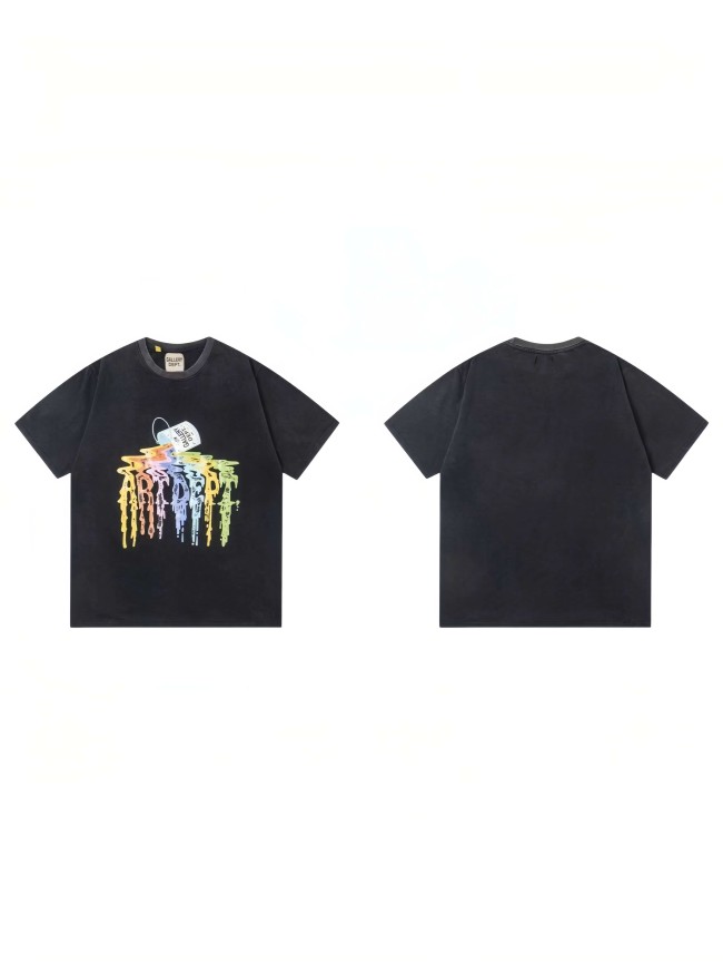 GaIIery Dept. Grunge Washed Black Rainbow Dripping Paint Syrup Can Graphic Oversized Cotton Tee 29358996