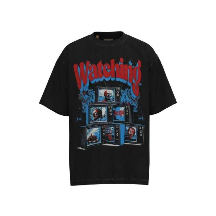 GaIIery Dept. Vintage Grunge Streetwear Double Sided Retro TV Monitor Collage Graphic Back Gold Red Overlap Letter Print Oversized Washed Tee 29358832
