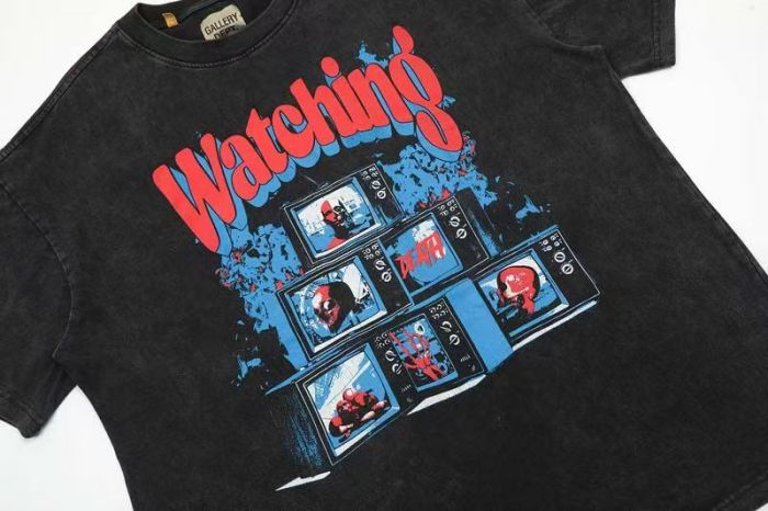 GaIIery Dept. Vintage Grunge Streetwear Double Sided Retro TV Monitor Collage Graphic Back Gold Red Overlap Letter Print Oversized Washed Tee 29358832