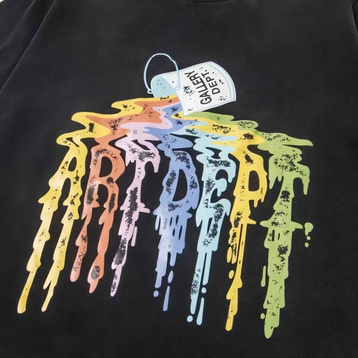 GaIIery Dept. Grunge Washed Black Rainbow Dripping Paint Syrup Can Graphic Oversized Cotton Tee 29358996