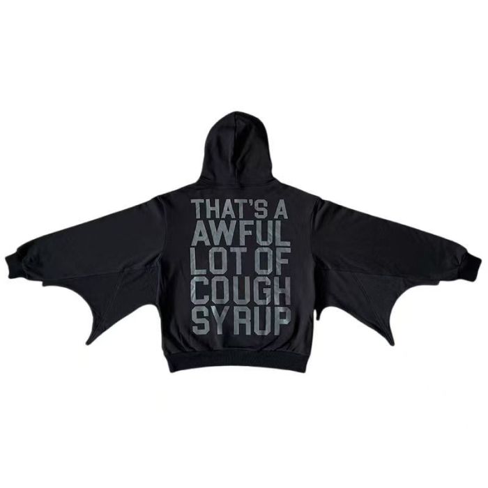Cough Syrup 1:1 quality version Gothic Y2K Bat Wing Sleeve Oversized Black Double Sided Text Print Cropped Cotton Pullover Hoodie 29358986