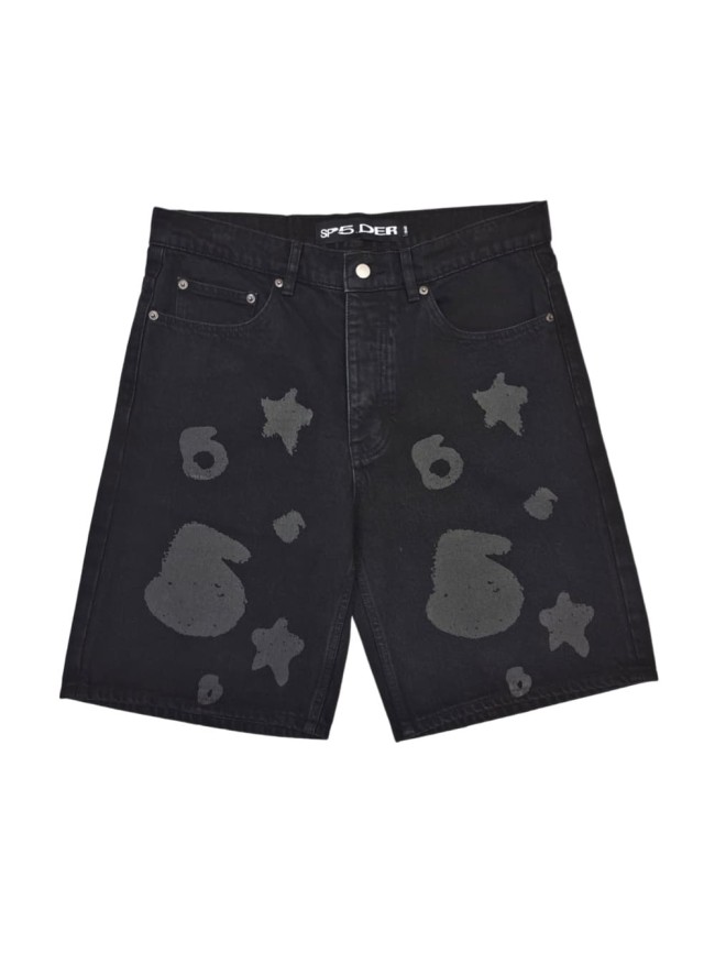 Sp5der [Big & Tall for weights up to 220 lbs]1:1 quality version Streetwear Solid Black Front And Back Gray Star Number Print Straight Fit Mid Length Denim Shorts 29367358