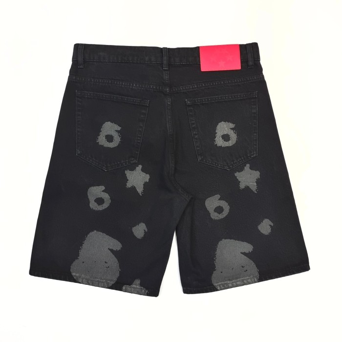 Sp5der [Big & Tall for weights up to 220 lbs]1:1 quality version Streetwear Solid Black Front And Back Gray Star Number Print Straight Fit Mid Length Denim Shorts 29367358