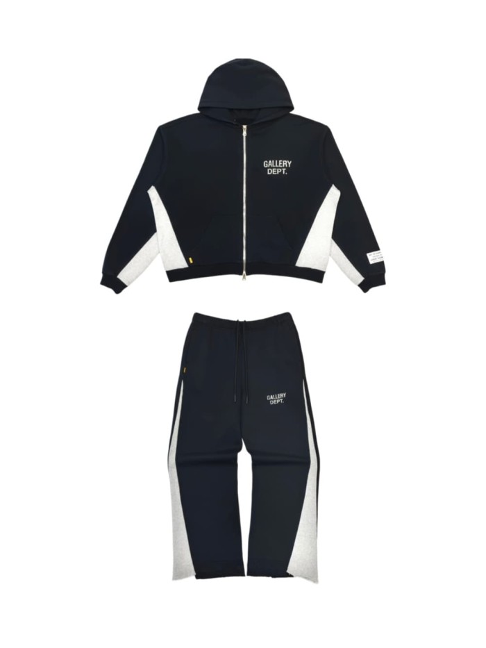 GaIIery Dept. [Big & Tall for weights up to 260 lbs]1:1 quality version Streetwear Black Gray Color Block Letter Print Zip Up Hoodie & Pants Set 29368165