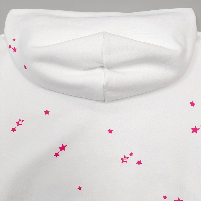 Sp5der [Big & Tall for weights up to 220 lbs]1:1 quality version High Street White Pink Splash Star Letter Print Hoodie & Pants Set 29368149