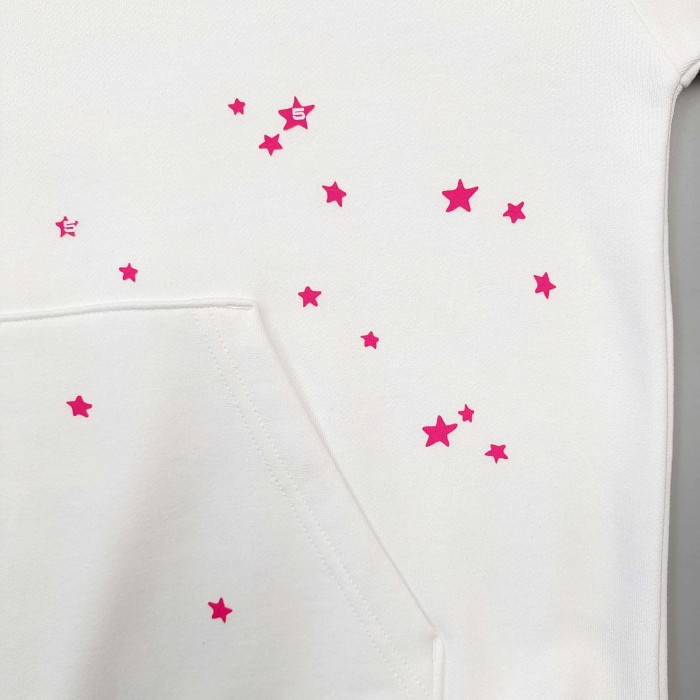 Sp5der [Big & Tall for weights up to 220 lbs]1:1 quality version High Street White Pink Splash Star Letter Print Hoodie & Pants Set 29368149