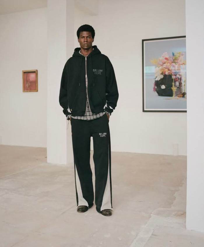 GaIIery Dept. [Big & Tall for weights up to 260 lbs]1:1 quality version Streetwear Black Gray Color Block Letter Print Zip Up Hoodie & Pants Set 29368165